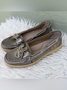 Sperry Metallic Taupe Boat Shoes with Tan Laces